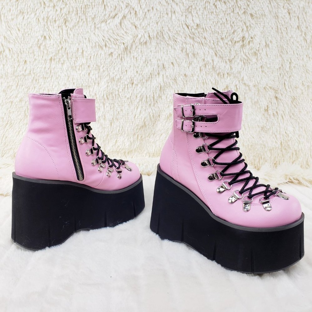 Goth 4 1/2" Platform  Faux Lace-Up Ankle Boot in Pink - Picture 3 of 12
